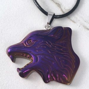 New Carved Purple Hematite Wolf Head Pendant Necklace